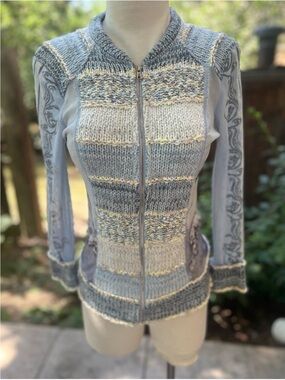 Vintage Y2K mesh knit jacket Lulu H Paris blue and cream Size XS/S